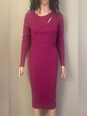 Ribbed Long-Sleeve Midi Dress in Berry